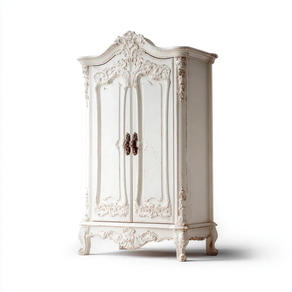 Baroque Style Wooden Wardrobe 100x60x200 cm – Antique White – Decorative Finish