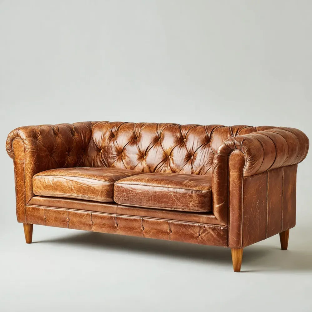 Brown Leather Sofa Classic Tufted Design 180x90x75 cm