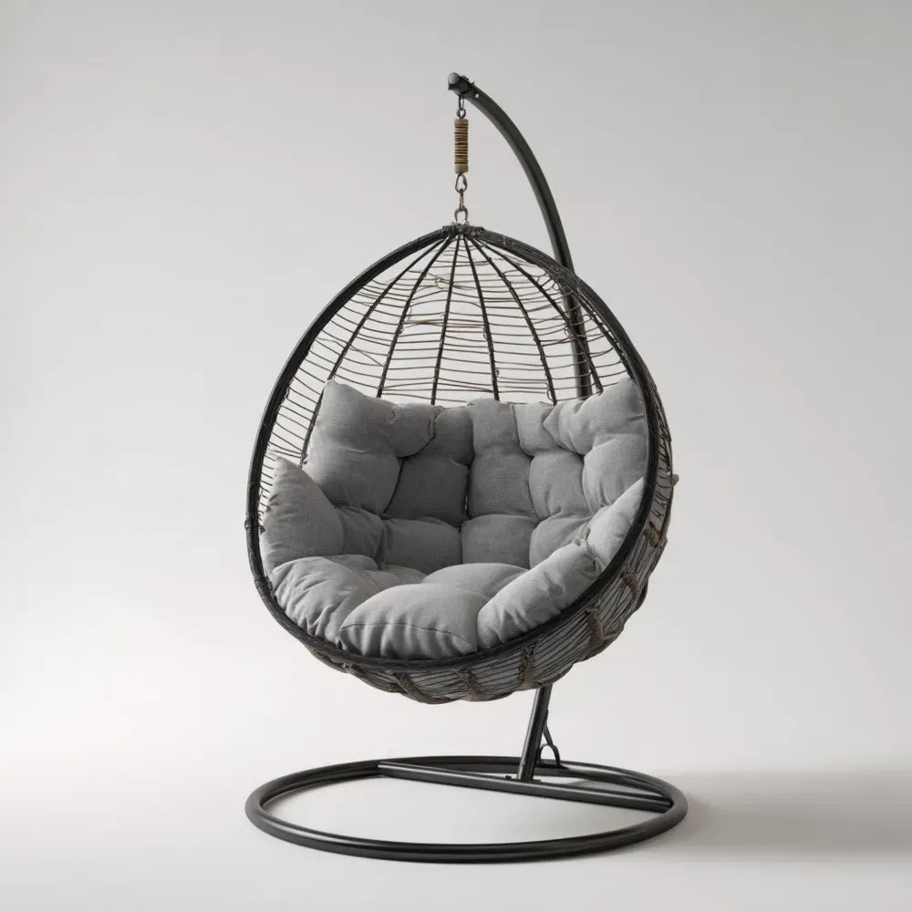 Hanging Egg Chair - Rattan 120x120x135 cm – Grey Cushion – Indoor/Outdoor Relaxation